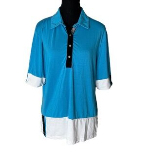 CRACKED WHEAT Blue White Black Top Shirt Activewear Golf Tennis Snaps Size Large